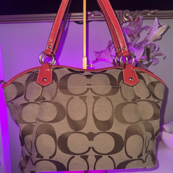 Coach Signature Stripe Tote Bag Brown Khaki Monogram Orange Leather Shoulder Bag - Picture 2 of 4